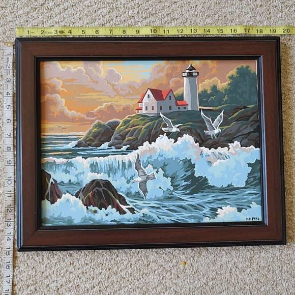 Vintage Paint By Number Framed Seascape Lighthouse Ocean View Painting - Picture 8 of 11
